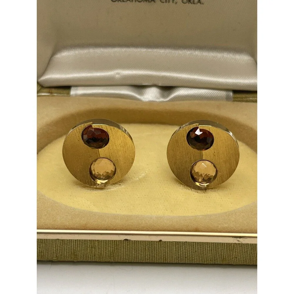 Vintage Gold Tone Textured Round Brown & Tan Crystal Encrusted Cuff Links New